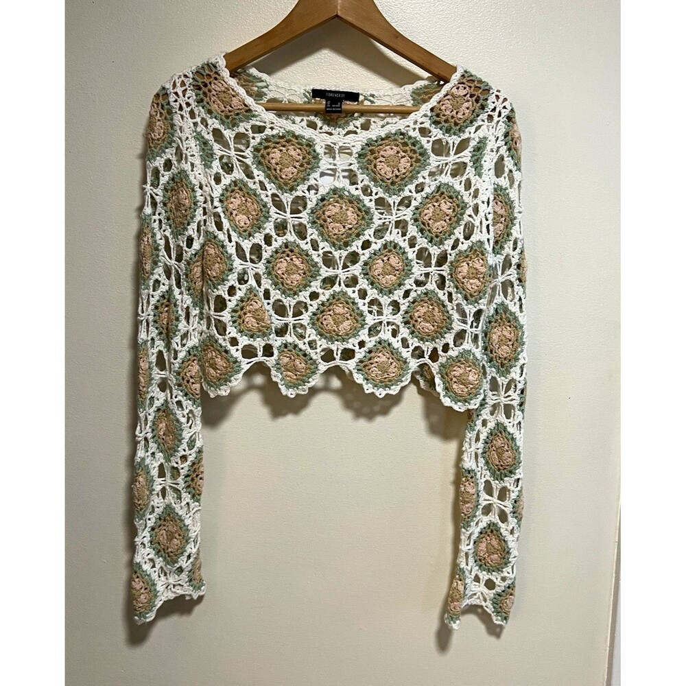 NWT Forever 21 Granny Square Crochet Crop Sweater Top Cream Sage Pink Medium